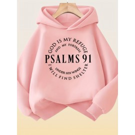 [Cozy Christian Faith Hoodie] 100% Polyester Cozy Women's Pink Christian Faith Hooded Sweatshirt with Psalm 91 Bible Verse Print | Machine-Washable Pullover for Casual Wear | Inspirational Religious Apparel for Fall/Winter Layering