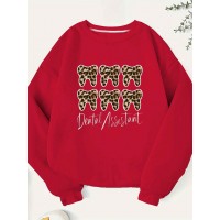 Women's Dental Assistant Graphic Print Crew Neck Sweatshirt - Teeth Leopard Pattern Casual Pullover, Relaxed Fit Fall & Spring Top, Machine Washable, Dental Assistant Gifts, No Stretch Fabric