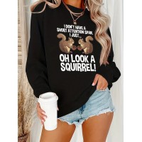 Women'S Plus Size Cartoon Squirrel Graphic Sweatshirt - Casual Long Sleeve Crew Neck, Machine Washable Polyester, Fall/Winter Sportswear with Funny Squirrel Applique Design