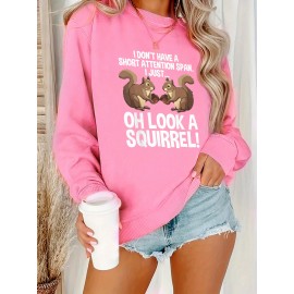 Women'S Plus Size Cartoon Squirrel Graphic Sweatshirt - Casual Long Sleeve Crew Neck, Machine Washable Polyester, Fall/Winter Sportswear with Funny Squirrel Applique Design