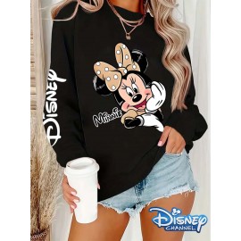 Disney Official Women's Y2K Minnie Mouse Graphic Sweatshirt - Pink with Black & White Polka Dots, Loose-Fit Round Neck Long Sleeve Pullover, Cozy Fall Winter Casual Outfit for Themed Events & Casual Attire
