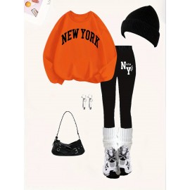 2pcs Set Women'S Casual New York Monogram Print Long Sleeve Knitted Polyester Spandex Crew Neck Sweatshirt & Sweatpants Set, Comfortable Stretch Fabric, 250g/m² 230g/m², for Fall, Winter, Outdoor Use