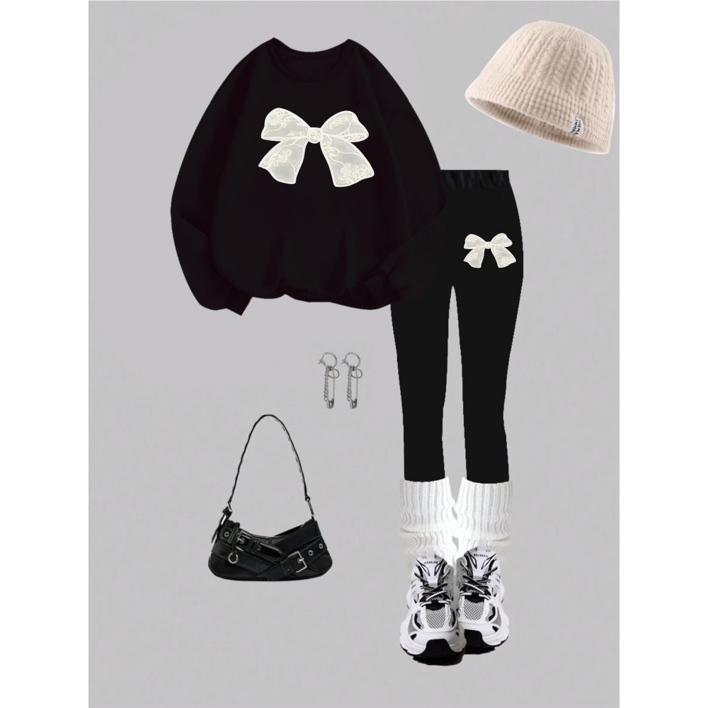 Women'S 2pcs Set, Women'S Casual Bow Print Design Crew Neck Sweatshirt and Leggings, Fall/ Winter